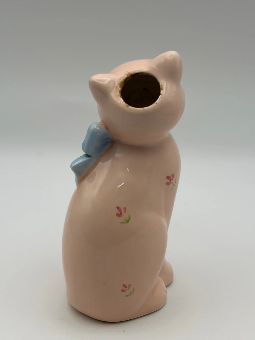 Vintage Takahashi Pink Cat Vase Blue Eyes Blue Bow Ceramic Floral Kitty Planter